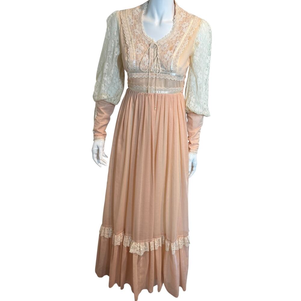 Gunne Sax Peach Lace Puff Sleeve Corset Top Maxi Dress XS‎ Boho Prairie Western